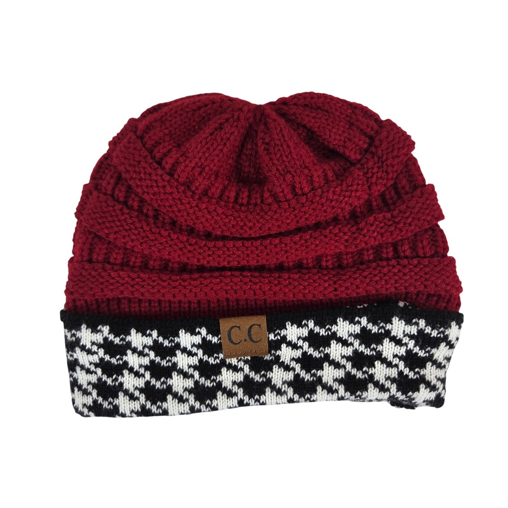CC Beanie Burgundy Red Cable Knit Houndstooth Cuff Winter Hat Skull Cap
